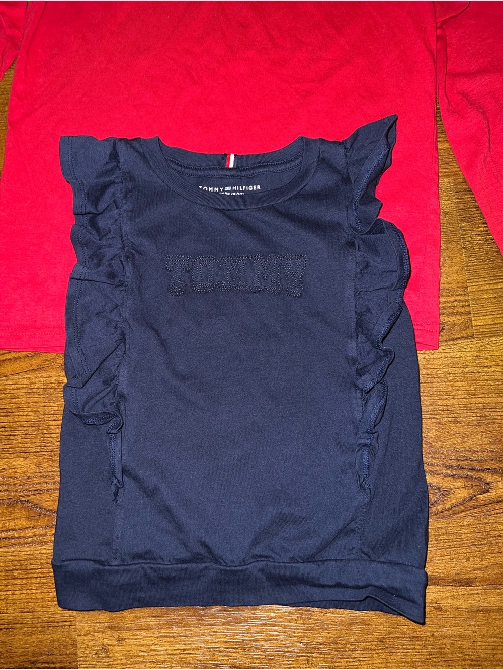 Tommy Hilfiger Red Long Sleeve Tee & Navy Ruffle Sleeve Top Bundle Kids Size M - Picture 3 of 7